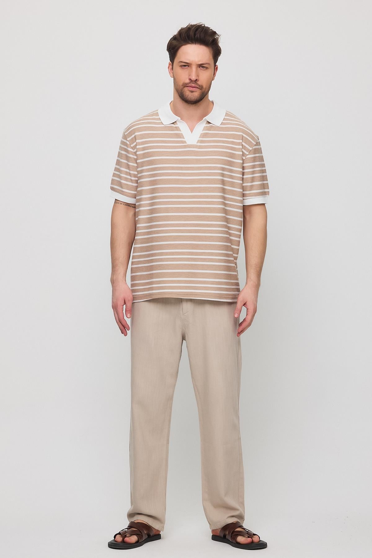 Satrop Yakalı Örme Tshirt Bej