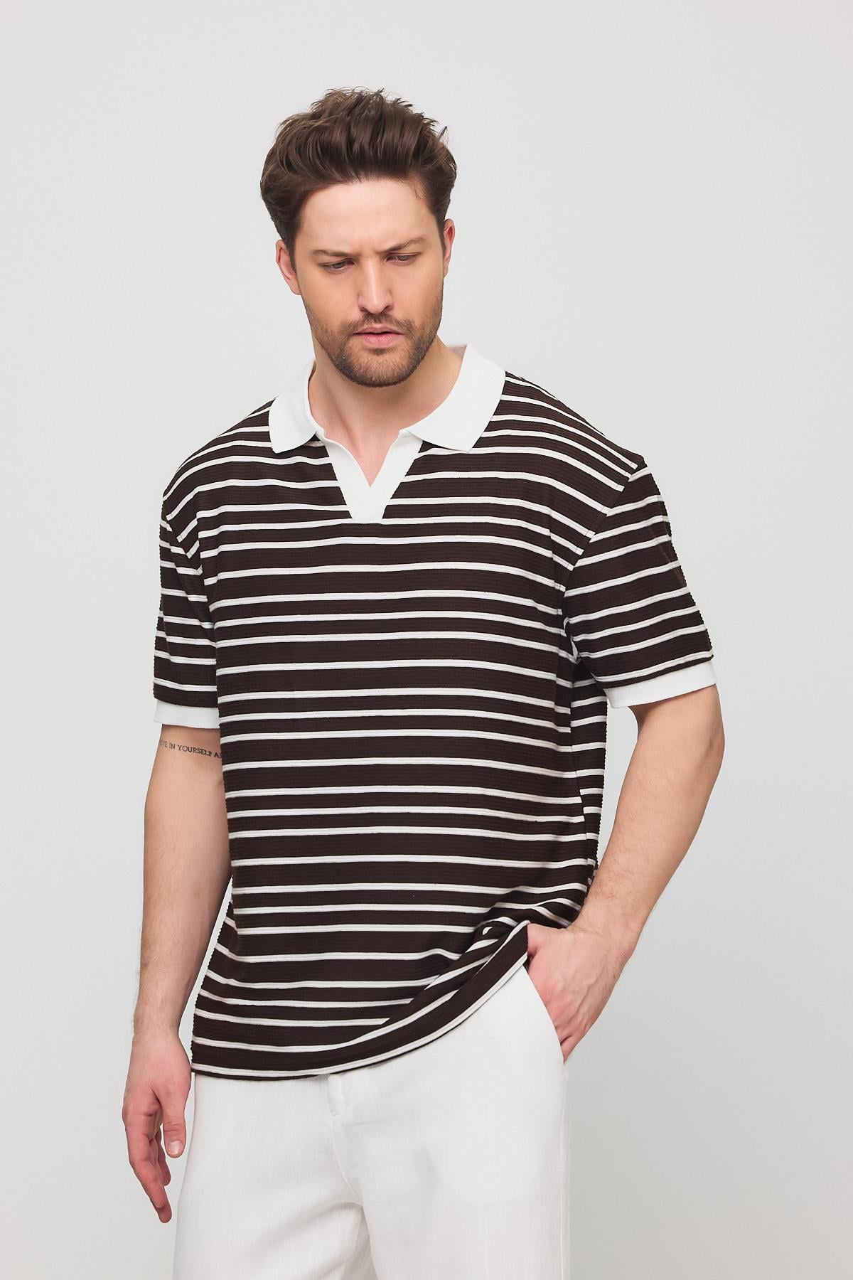 Satrop Yakalı Örme Tshirt Kahve Rengi