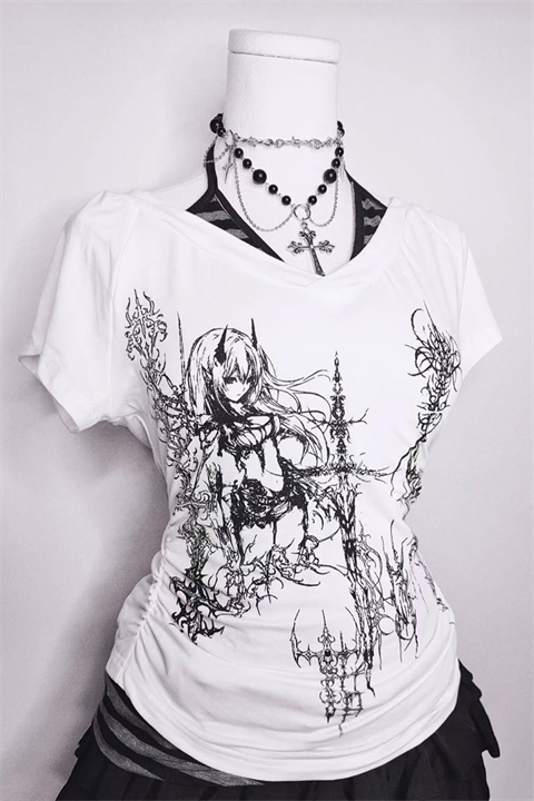 Beyaz Anime Sword Tribal Gotik Ek Askılı Y2K Kısa Kollu Crop
