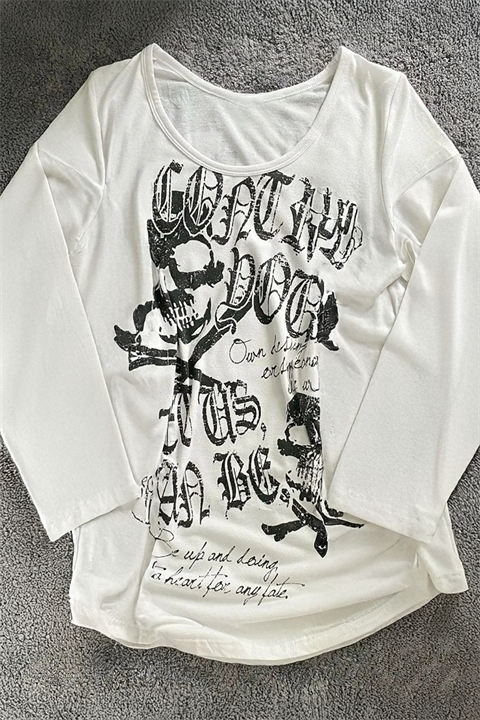 Beyaz Gotik Skulls Control Geniş Yaka Y2K Uzun Kollu Crop