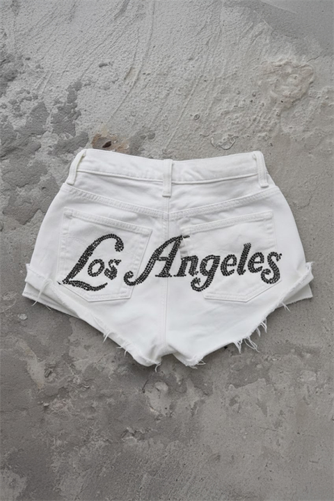 Beyaz Los Angeles Taşlı Y2K Mini Şort