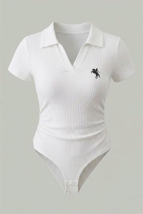 Beyaz Polo Ribana Y2K Çıtçıtlı Body