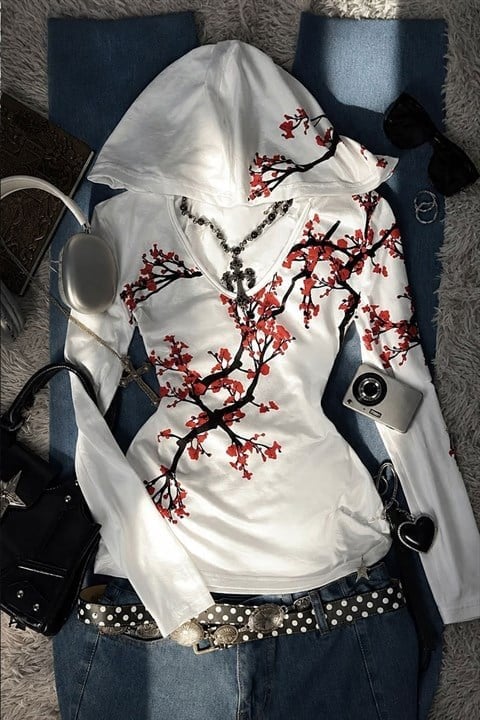 Beyaz Sakura Kapüşonlu Harajuku Y2K Uzun Kollu Crop