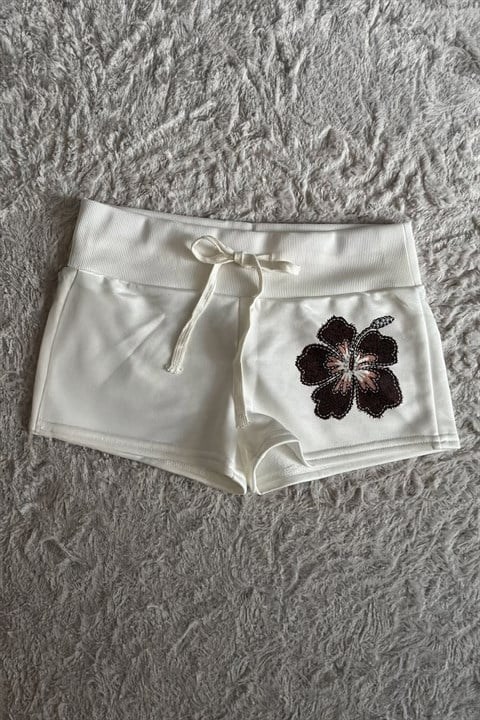 Beyaz Siyah Hibiskus Çiçeği İpli Y2K Mini Şort