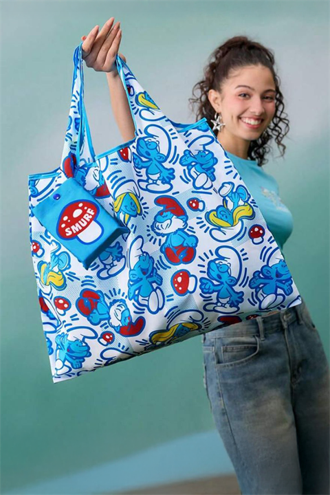 Beyaz Smurrf Polyester Katlanabilir Bez Çanta