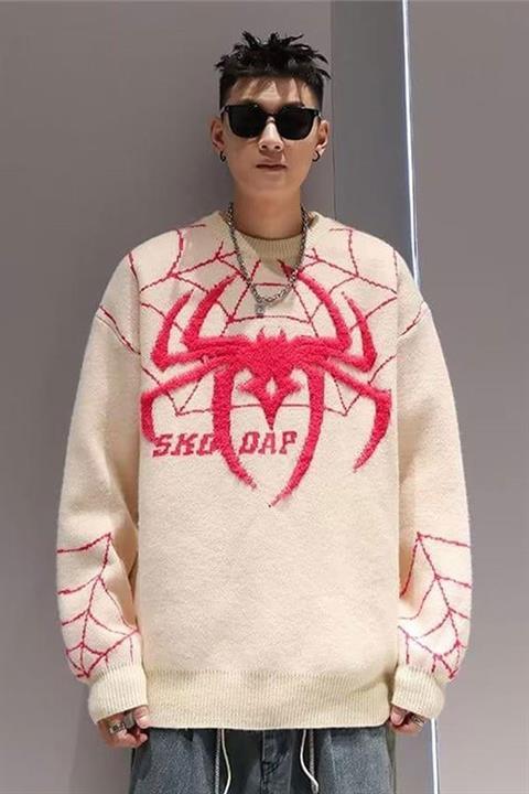Beyaz Spider-Man Örümcek Ağı Oversize Kazak