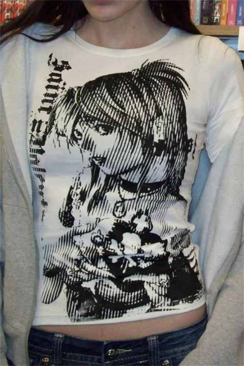 Beyaz Vintage Anime Misa Amane Saint Gotik Y2K Uzun Kollu Crop