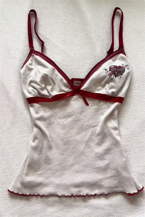 Beyaz Vive Maria Kırmızı Şeritli Fiyonk Detaylı Vintage Y2K Askılı Crop