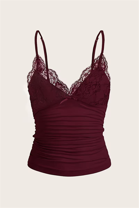 Bordo Dantel Detaylı Fiyonklu Y2K Askılı Crop