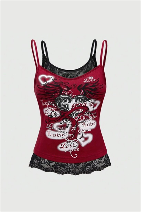 Bordo Gotik Coquette Love Dantel Detaylı Y2K Askılı Crop