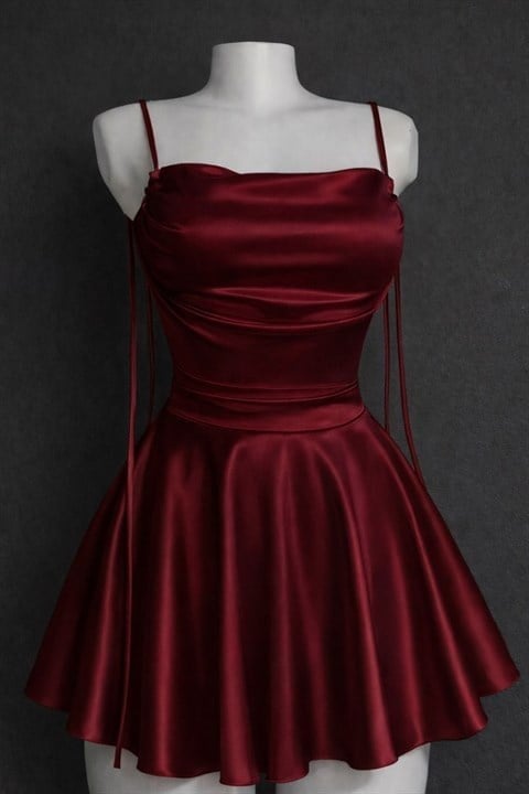 Bordo Saten Drape Detaylı İp Askılı Elbise