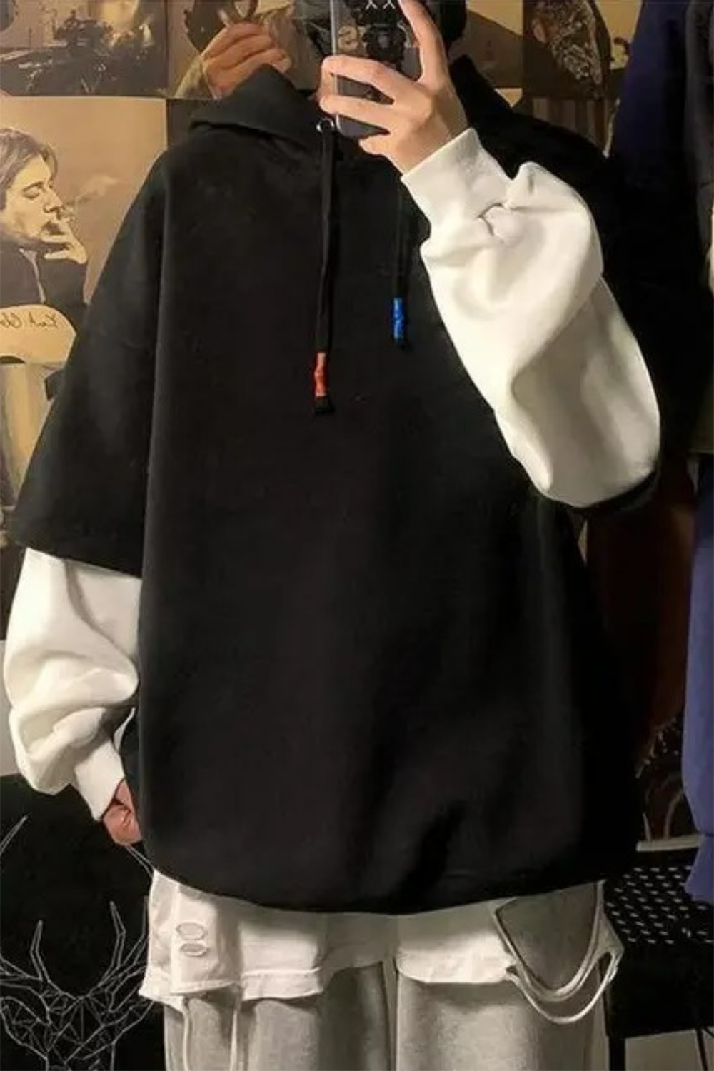 Düz Siyah Beyaz Fake Sleeve Kapüşonlu Sweatshirt