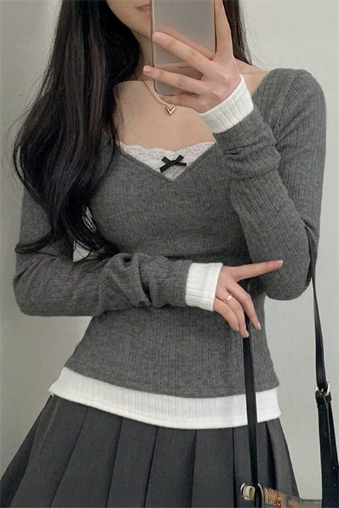 Füme Dantelli Fiyonklu Ekli Y2K Uzun Kollu Crop