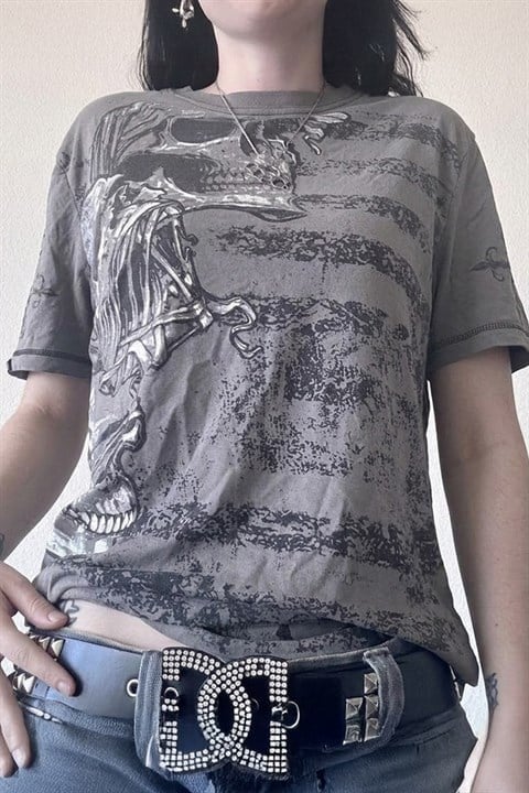 Füme Vintage Siyah Kollu Skull Transition Cyber Grunge Y2K Unisex T-Shirt