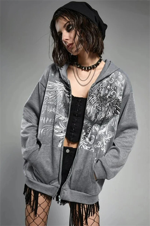 Gri Gotik Wings Tribal Harajuku Y2K Kapüşonlu Unisex Hırka