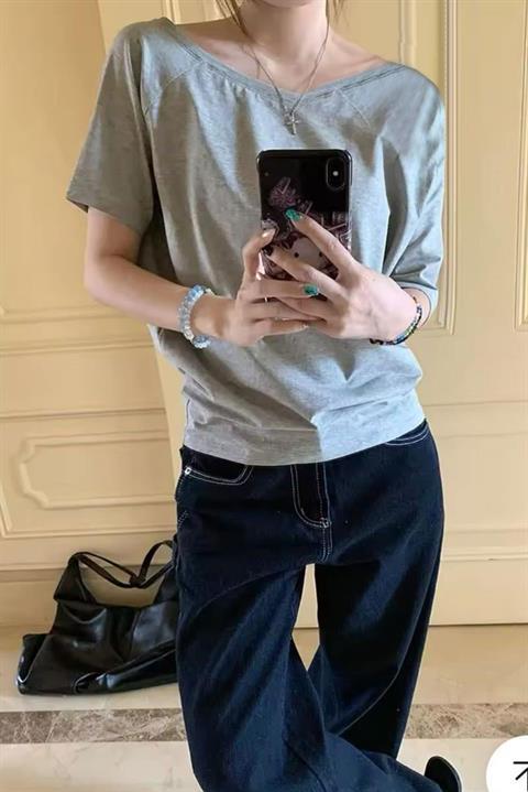 Gri Melanj Basic Düşük Omuz Kısa Kol T-shirt