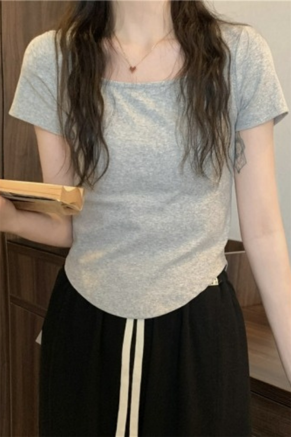 Gri Melanj Basic Kısa Kollu Crop