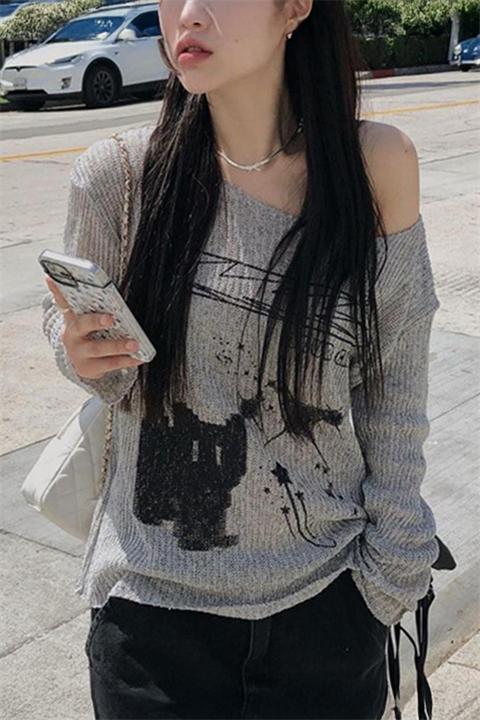Gri Melanj Cat Omuz Dekolteli Street Y2K Uzun Kollu Crop
