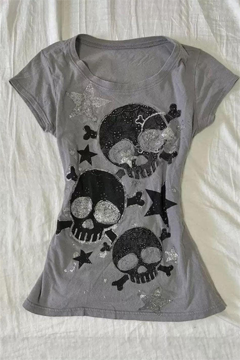 Gri Skull Yıldız Detaylı Grunge Y2K Kısa Kollu Crop