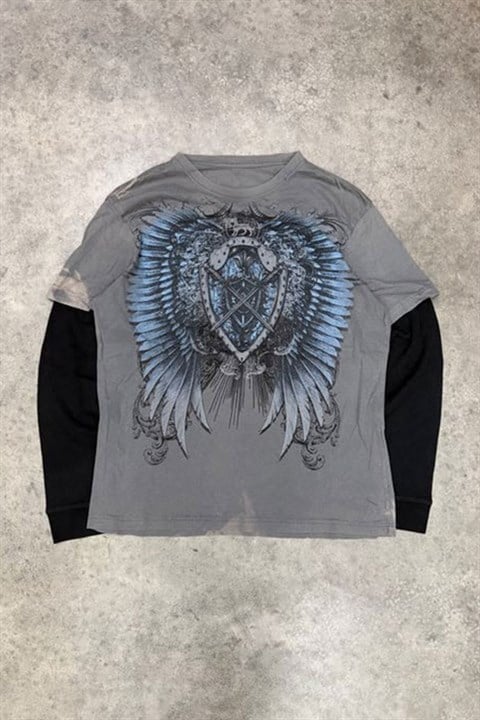 Gri Wing & Shield Gotik Siyah Kollu Unisex Sweatshirt