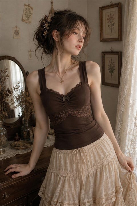 Kahverengi Dantel Detaylı Fiyonklu Vintage Y2K Askılı Crop