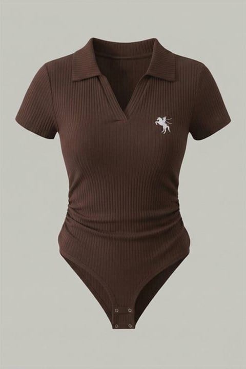 Kahverengi Polo Ribana Y2K Çıtçıtlı Body