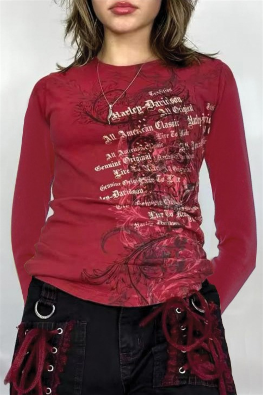 Kırmızı Skull Life Cyber Grunge Uzun Kollu Crop