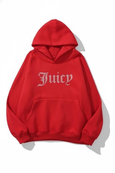 Kırmızı Taşlı Juicy Oversize Kapüşonlu Sweatshirt