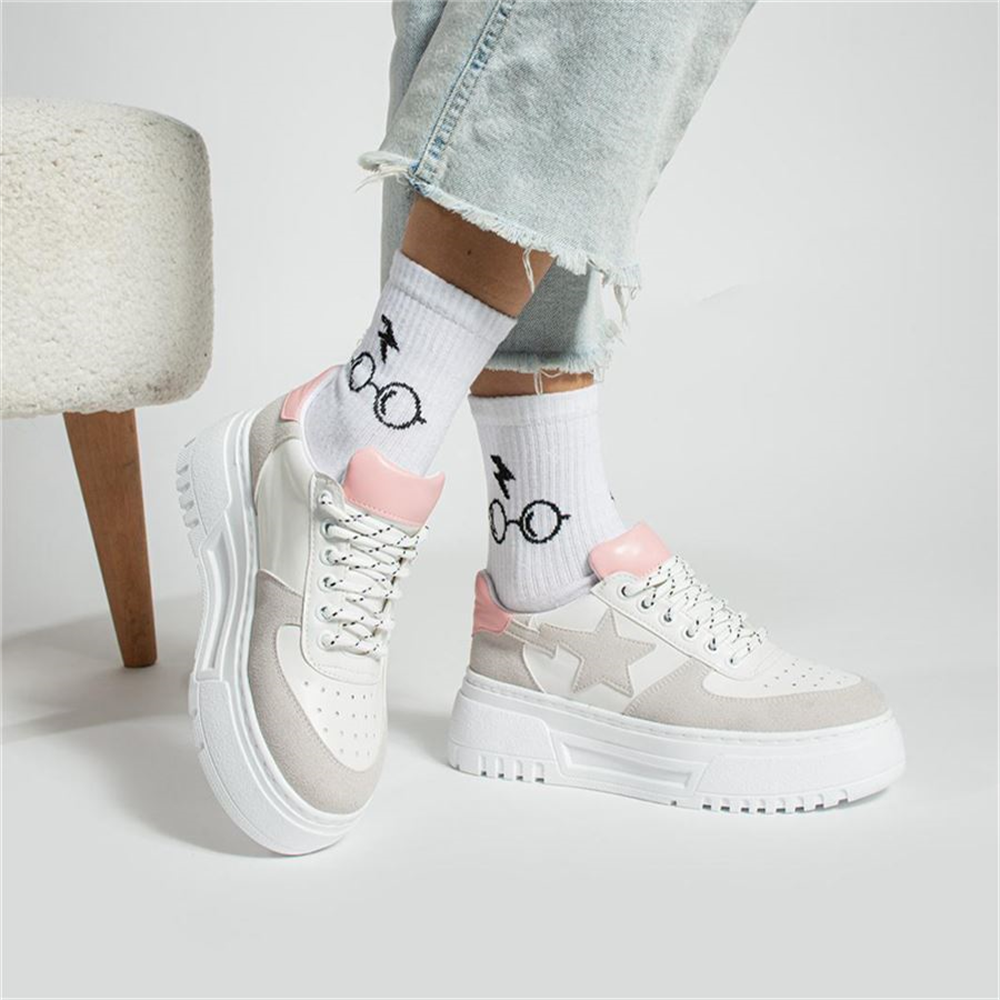 Krem Star Yüksek Taban Bağcıklı Sneaker Ayakkabı