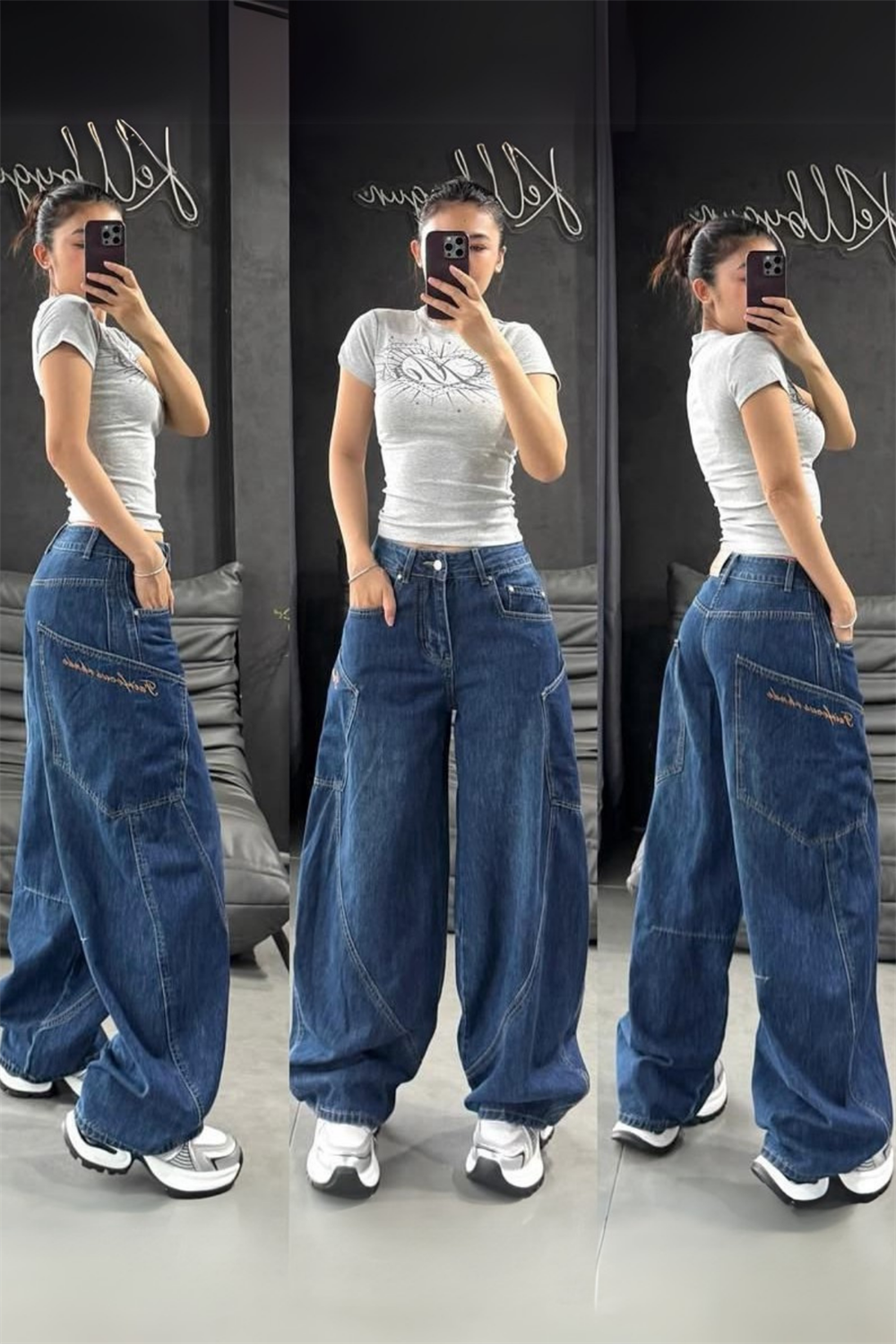 Lacivert Kanguru Cepli Salaş Baggy Kot Pantolon