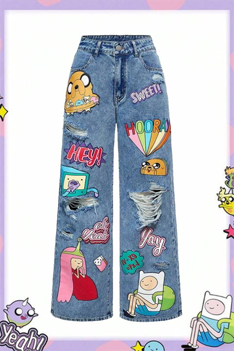 Mavi Adventure Time Finn ve Jake Harajuku Y2K Baggy Pantolon