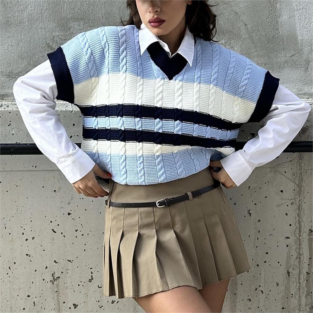 Mavi Ekru Şeritli V Yaka Oversize Süveter