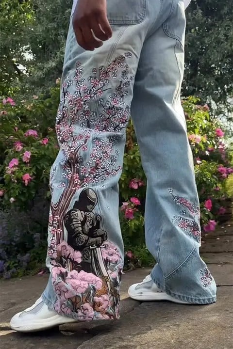 Mavi Sakura Şövalye Nakışlı Y2K Baggy Pantolon