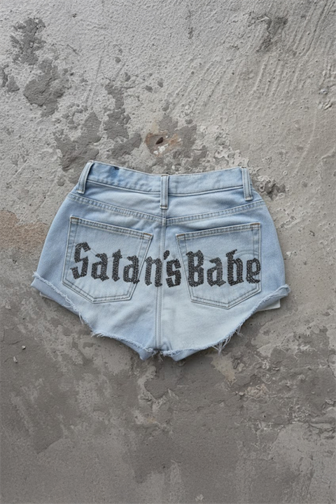 Mavi Satan's Babe Taşlı Y2K Mini Şort