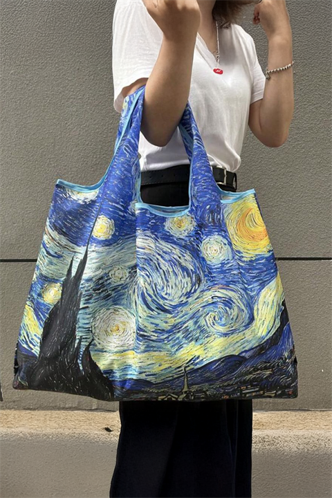Mavi van Gogh Polyester Katlanabilir Bez Çanta