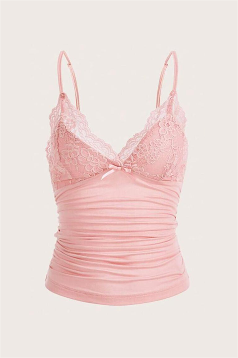 Pembe Dantel Detaylı Fiyonklu Y2K Askılı Crop