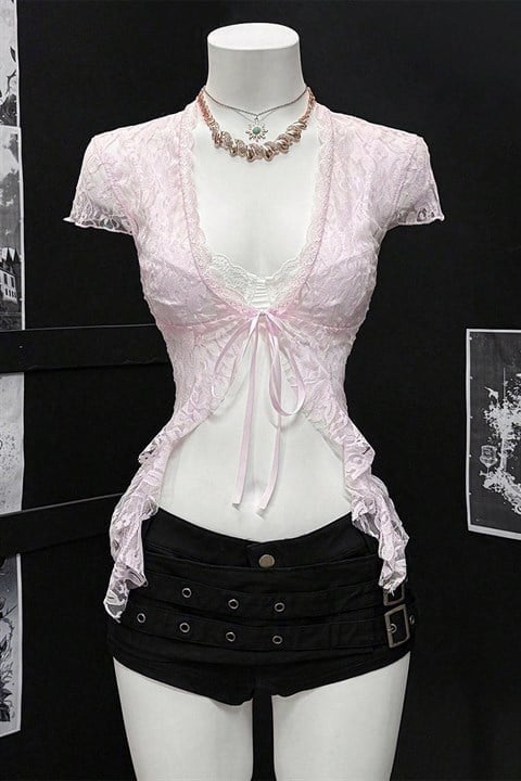 Pembe Dantelli Bağlamalı Bolero Y2K Kısa Kollu Crop