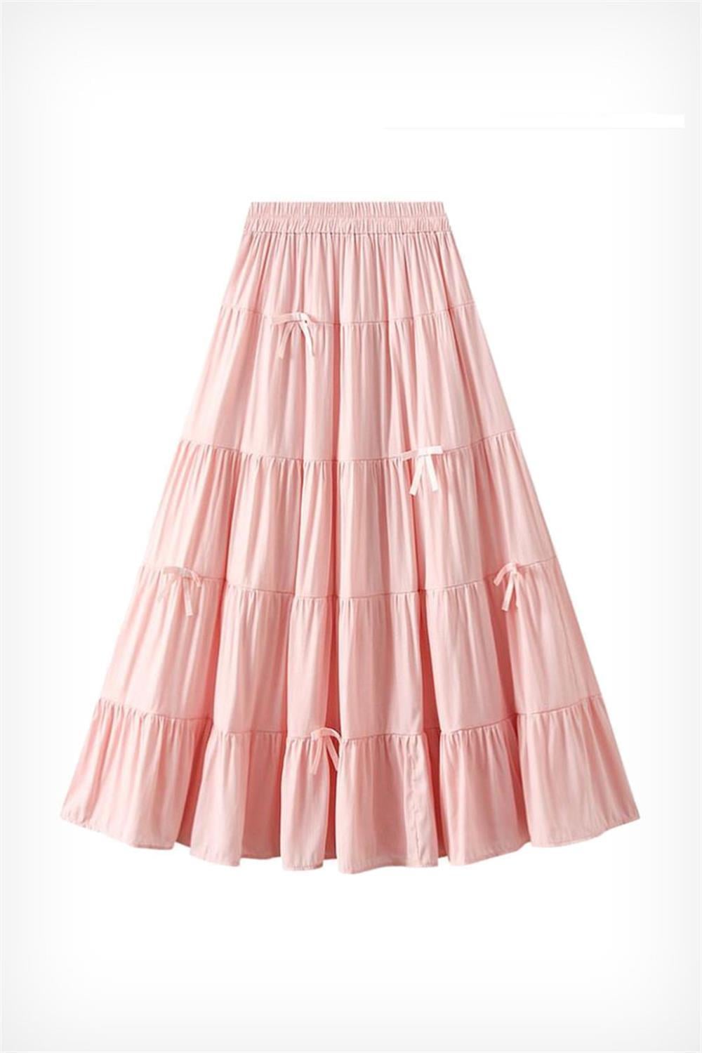 Pembe Katlamalı Kurdeleli Uzun Etek