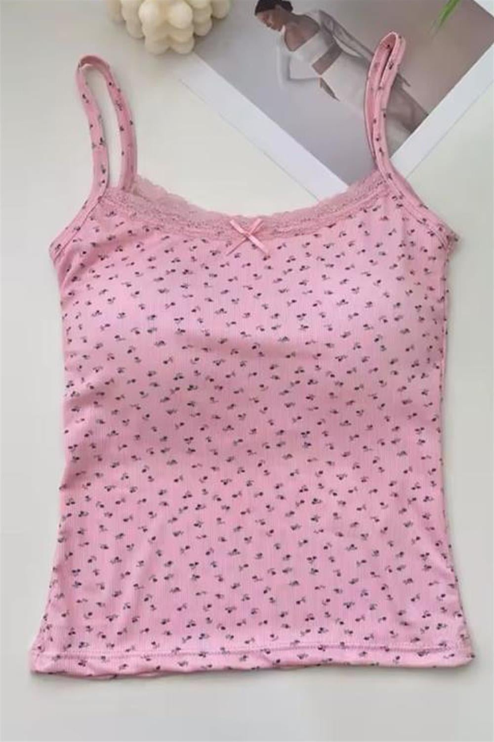 Pembe Minik Fiyonk Ve Çiçek Desenli Askılı Crop