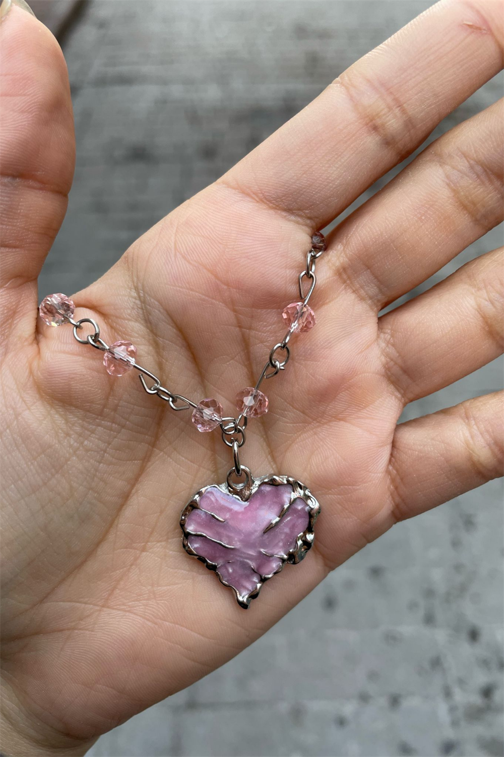 Pembe Taşlı Kalp Silver Kolye