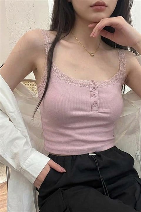 Pudra Düğme Yakalı Dantel Detaylı Gotik Y2K Askılı Crop
