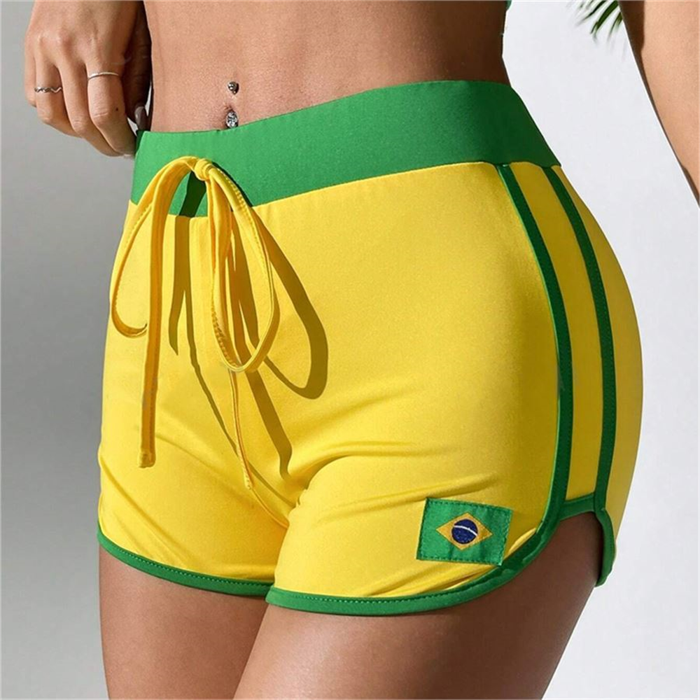 Sarı Vintage Brasil Yeşil Şeritli Biyeli Kısa Şort
