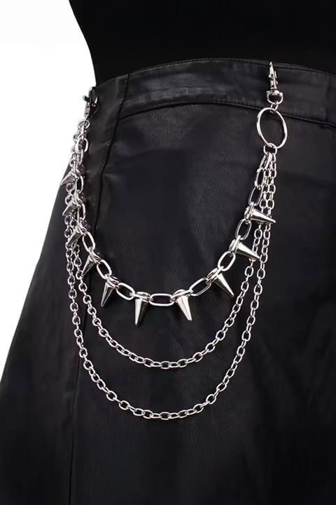 Silver 3 Zincirli Dikenli Punk Gotik Pantolon Zinciri