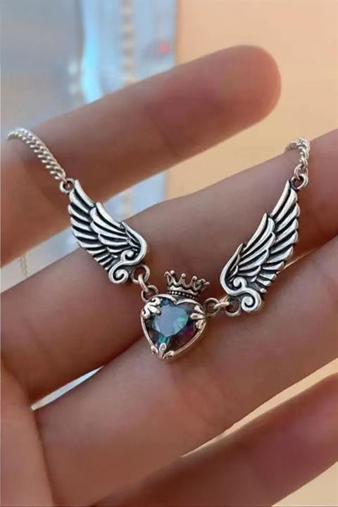 Silver Fairycore Kanatlı Taçlı Taşlı Kolye