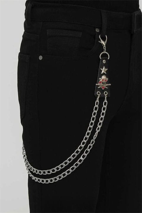 Silver Star and Skull Detaylı Çift Zincirli Gotik Pantolon Zinciri