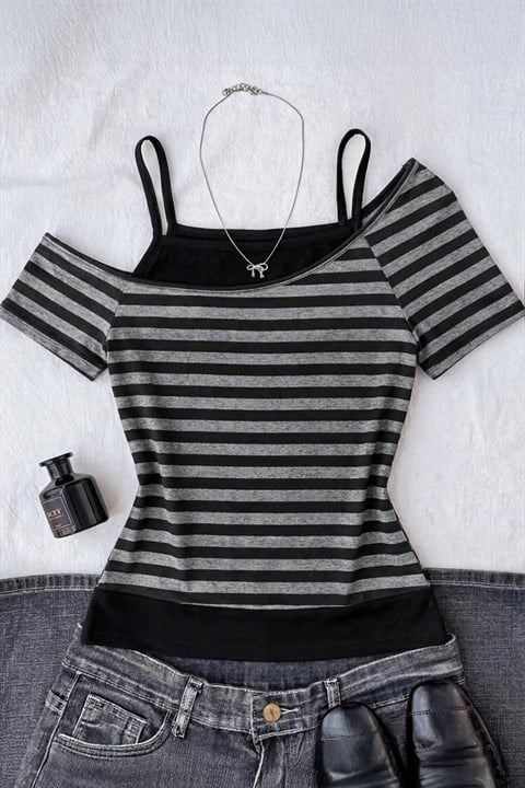 Siyah Antrasit Çizgili Ek Askılı Harajuku Y2K Kısa Kollu Crop