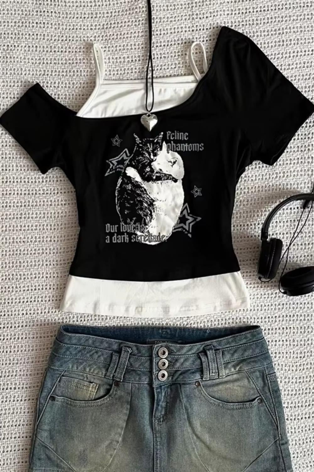 Siyah Balance Cat Our Love Is Ek Askılı Kısa Kollu Full Body Crop