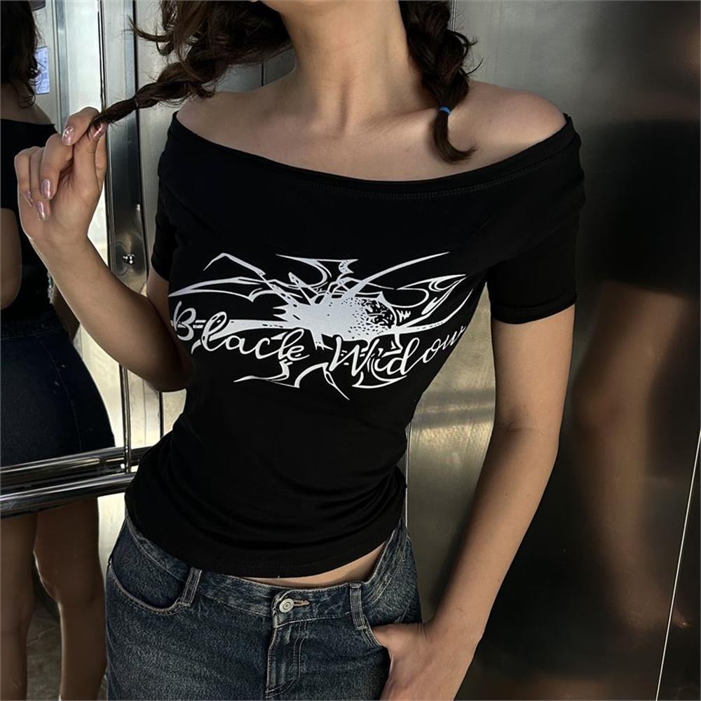 Siyah Black Widow Omuzu Açık Spider Kısa Kollu Crop