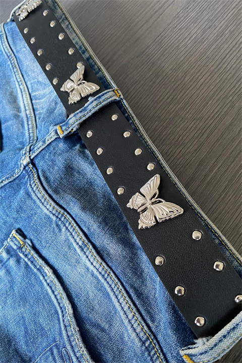 Siyah Çift Sıra Zımbalı Butterfly Gotik Deri Kemer