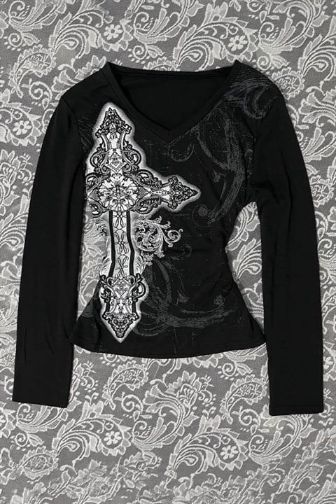 Siyah Cross Motifli Gotik Y2K Uzun Kollu Crop